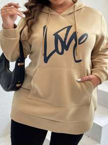 Plus Size Letter Graphic Pocket Drawstring Sweatshirt - Khaki - View 6