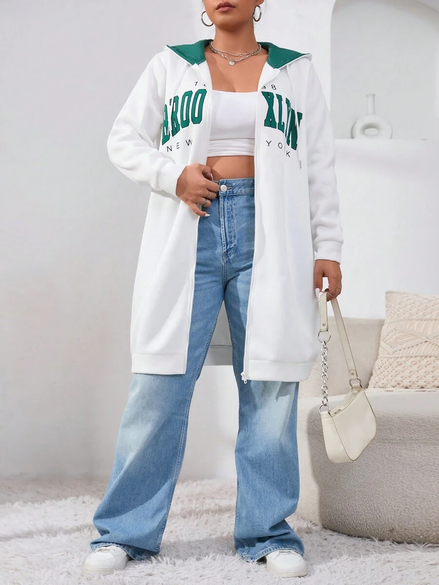 SHEIN EZwear Hơn Đồ họa Chữ cái Dây kéo Thả vai Áo nỉ - trắng - Xem 1