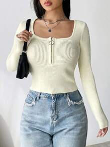 SHEIN Unity 半拉鏈大圓領條紋針織套頭毛衣 - 米色 - 查看 6