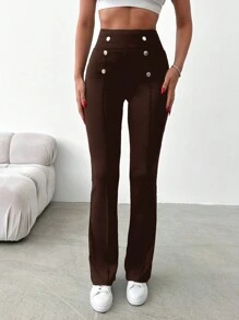 RueChic Women's Double Breasted High Waist Solid Color Long Pants - Brown - View 3