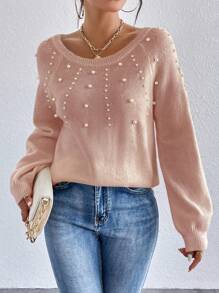 SHEIN Essnce Jersey con cuenta de perla de manga raglán - Caqui - Ver 4