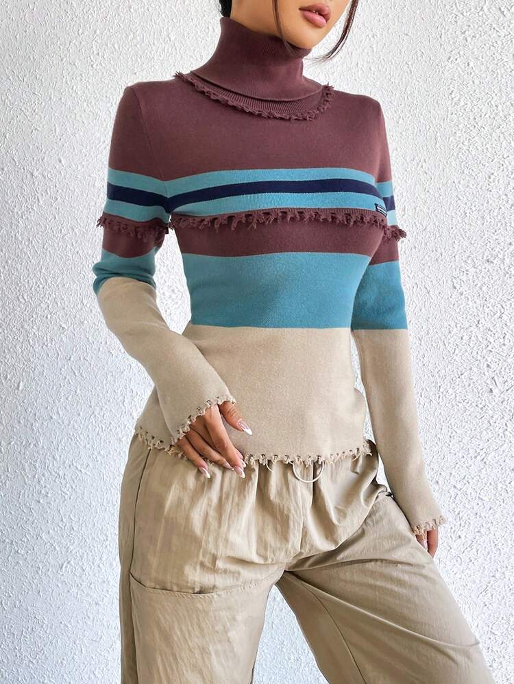 Striped Pattern Turtleneck Distressed Trim Sweater