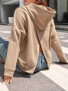 Flirla Áo nỉ dáng rộng xẻ lưng, vai rớt - Màu Khaki - Xem 3