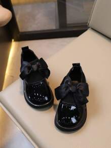 Kids' Comfortable Soft Sole Flat Shoes With Big Bow, Black Pu Leather - Black - View 4