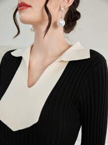 Modelyn Vestido de punto de cuello V tejido de canalé - Negro - Ver 4