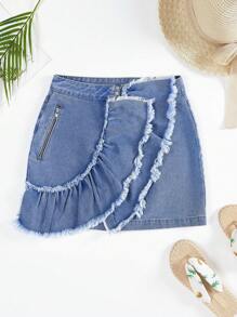Soleia Ruffle Trim Ruffle Trim Denim Skirt - Blue - View 1