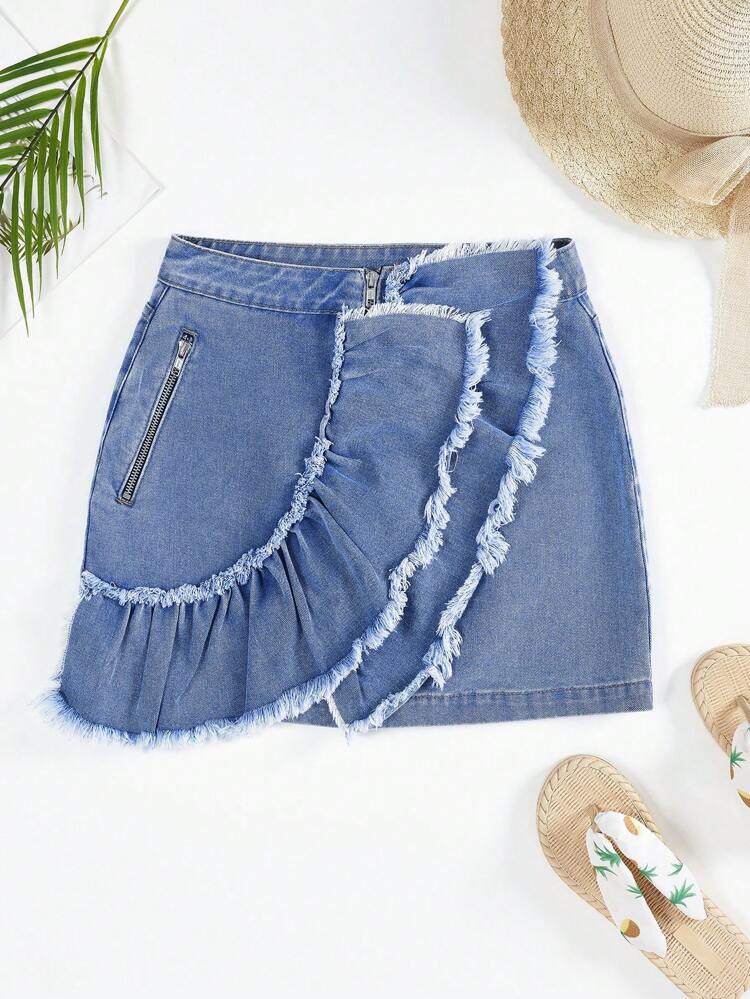 Ruffle Trim Ruffle Trim Denim Skirt