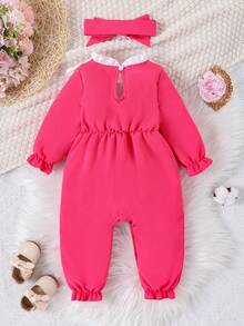Baby Girl Contrast Eyelet Embroidery Ruffle Trim Flounce Sleeve Jumpsuit & Headband - Hot Pink - View 2