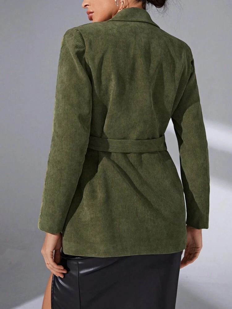 Lapel Neck Belted Corduroy Blazer