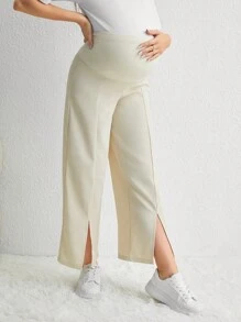 SHEIN Maternity Adjustable Waist Split Hem Wide Leg Pants - Apricot - View 5