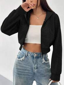 SHEIN EZwear 拉链短款连帽衫毕业典礼、返校服装、毕业典礼、女士教师服装、秋冬返校 - 黑色 - 查看 5