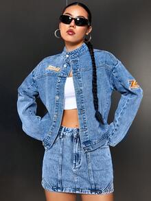 SHEIN ICON 字母補丁細節落肩袖牛仔夾克 - 中等水洗藍 - 查看 3