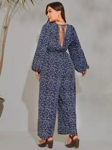SHEIN VCAY Hơn In hoa Ditsy Tay áo lồng đèn Áo liền quần ống rộng - Nhiều màu - Xem 3