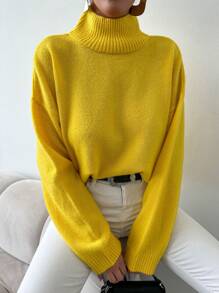 Cloudara Turtleneck Drop Shoulder Sweater - Yellow - View 6