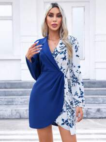 SHEIN Privé Floral Print Fitted Dress - Blue - View 5