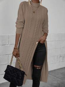EMERY ROSE Mock Neck Split Hem Cable Knit Longline Sweater,Long Sleeve Tops Knit Pullover Fall Winter Outfit