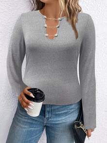 SHEIN LUNE Plus Chain Detail Notched Neck Tee - Light Grey - View 5