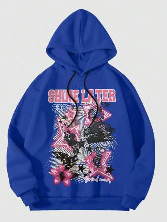 Street Life Hombres Capucha con estrella & con estampado de letra con cordón con forro térmico