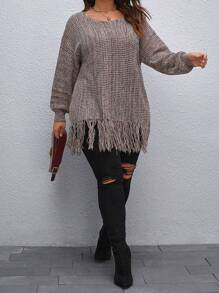 SHEIN CURVE+ 大碼段染流蘇下擺落肩袖套頭毛衣 - 彩色 - 查看 5