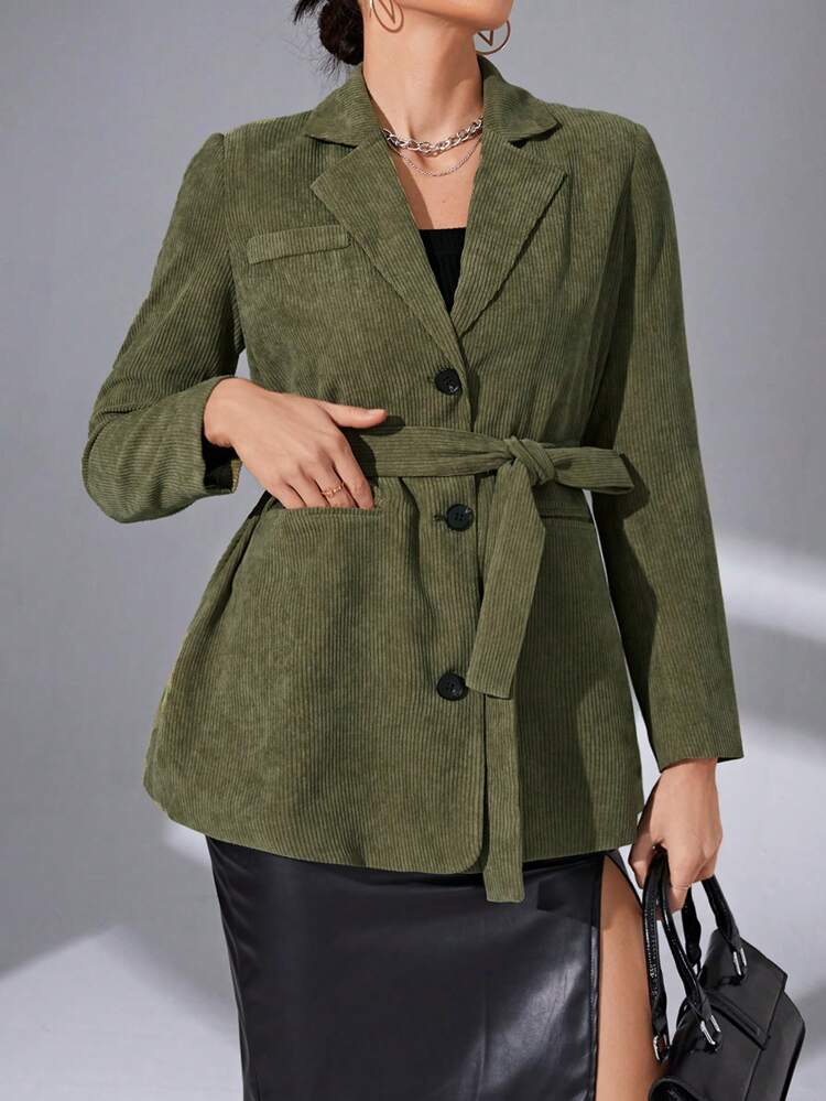 Lapel Neck Belted Corduroy Blazer