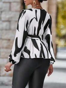 SHEIN Unity In Đồ họa Tay áo lồng đèn Thắt lưng Áo sơ mi - màu đen - Xem 2