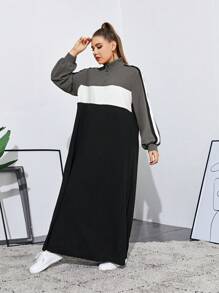 Mulvari Plus Colorblock Striped Side O-Ring Zip Half Placket Arabian Modest Long Sleeve Dress