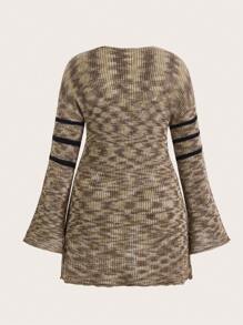 SHEIN ICON 大碼段染條紋圖案前繫帶落肩袖開襟衫 - 卡其色 - 查看 6