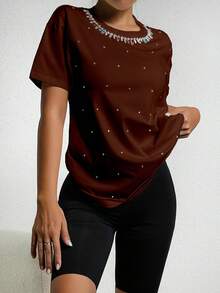 SHEIN Frenchy 水鑽細節落肩T恤 - 咖啡棕 - 查看 3