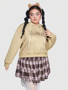 Jelsie Plus Size Teddy Drop Shoulder Drawstring Sweatshirt - Khaki - View 3