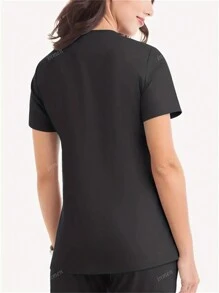 Blusa de uniforme de pijama médico de cuello en V liso, con dos bolsillos y mangas cortas