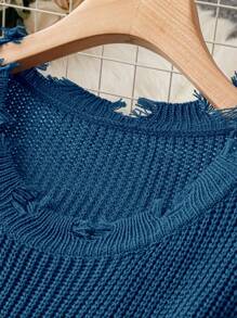 SHEIN LUNE 大碼落肩袖仿舊邊套頭毛衣 - 藍色 - 查看 4