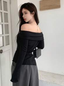 Dazy Star Solid Bardot Slit Hem Slim Tee - Black - View 4