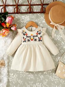 SHEIN Bebé niña Vestido con bordado floral ribete con fruncido de espalda con abertura de ojo - Albaricoque - Ver 1