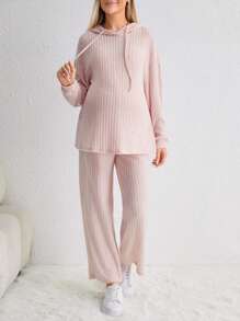 SHEIN Maternity Drop Shoulder Drawstring Hoodie & Adjustable Waist Pants - Pink - View 4
