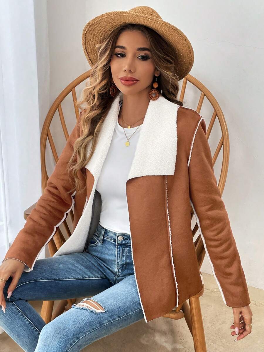 SHEIN VCAY Teddy Lined Open Front Coat - Multicolor - View 1