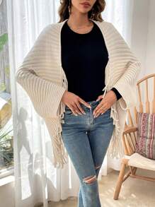 SHEIN VCAY Batwing Sleeve Fringe Trim Cardigan - Apricot - View 4