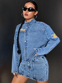 SHEIN ICON 字母補丁細節落肩袖牛仔夾克 - 中等水洗藍 - 查看 4