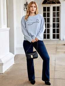 SHEIN Franclia 大碼字母圖案落肩袖運動衫 - 灰色 - 查看 5