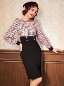 SHEIN DECDS Plaid Print Button Detail Lantern Sleeve 2 In 1 Dress - Multicolor - View 5