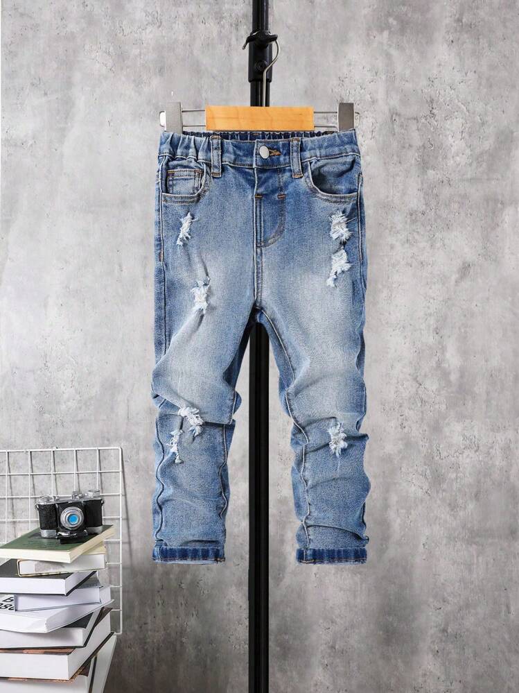 Chico joven Jeans desgarro crudo con lavado - Azul lavado medio - Ver 1