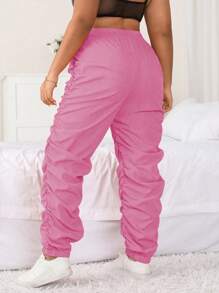 Calvaya 大碼腰部打結褶邊長褲 - 玫紅色 - 查看 2