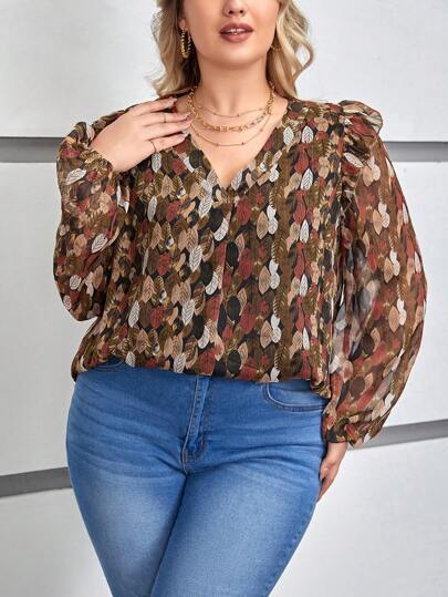 SHEIN Frenchy Plus Allover Print Lantern Sleeve Blouse