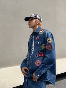 Manfinity Roghcode Men Letter Patched Detail Flap Pocket Denim Shirt - Blue - View 3