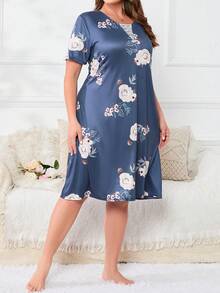 Plus Floral Print Nightdress - Blue - View 5