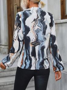 SHEIN EZwear Marble Print Lantern Sleeve Blouse - Multicolor - View 2