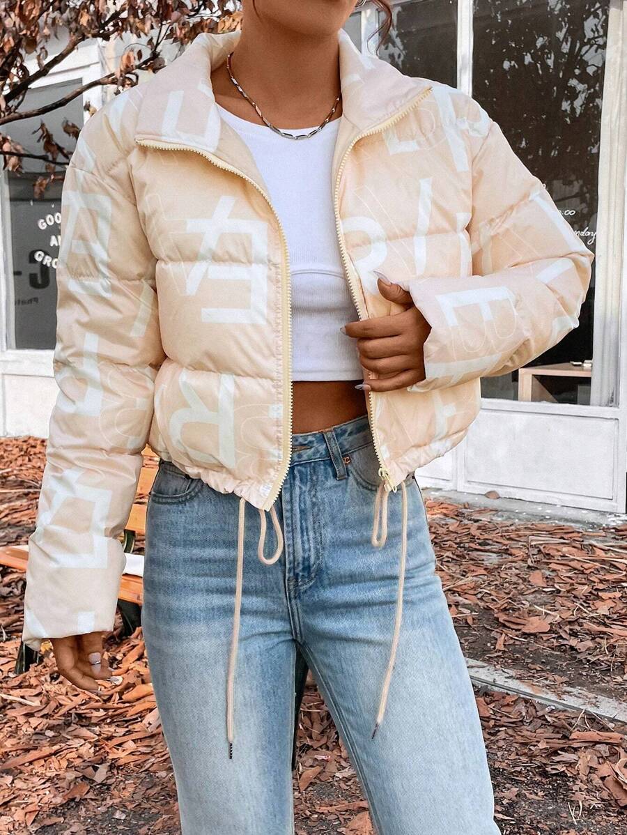 SHEIN Unity Abrigo con estampado de letra bajo con cordón con cremallera - Albaricoque - Ver 1