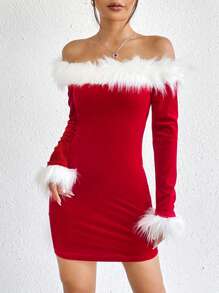 SHEIN Privé Off Shoulder Fuzzy Trim Velvet Bodycon Dress - Red - View 2
