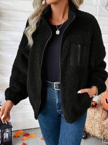 SHEIN LUNE 秋冬季拉链落肩泰迪熊外套，休闲款 - 黑色 - 查看 3