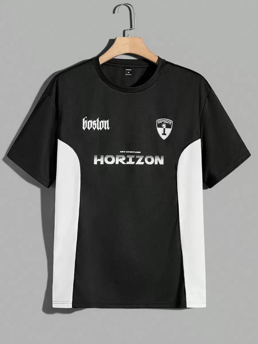 Manfinity VCAY 男士字母图案拼色复古 T 恤 - 黑與白 - 查看 1