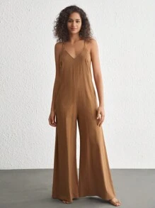 Ocili Leisure Solid Wide Leg Cami Jumpsuit - Khaki - View 7